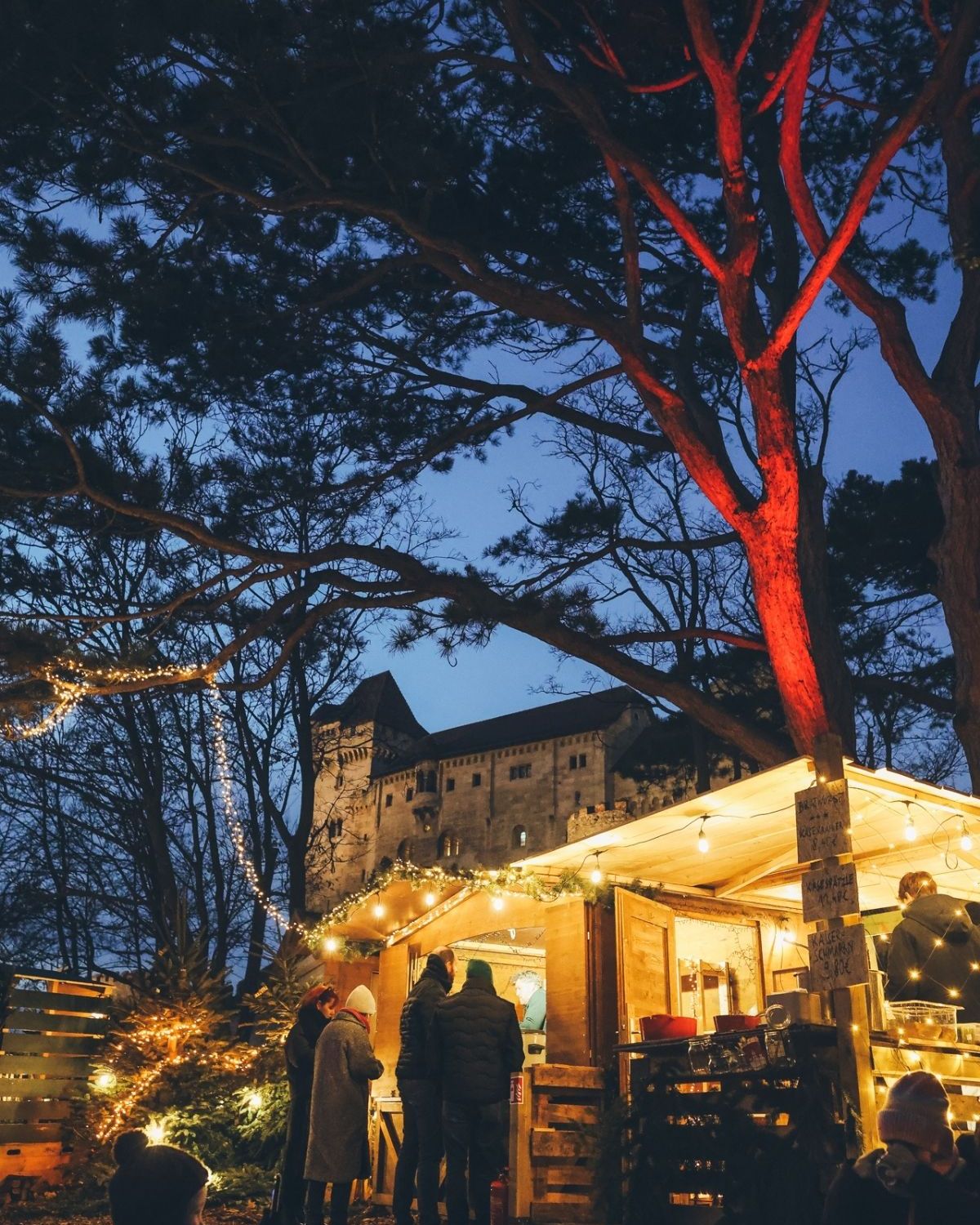 Weihnachtsfeier am Abend: beleuchtete Hütte auf dem Weihnachtsmarkt vor der Burg Liechtenstein zur blauen Stunde